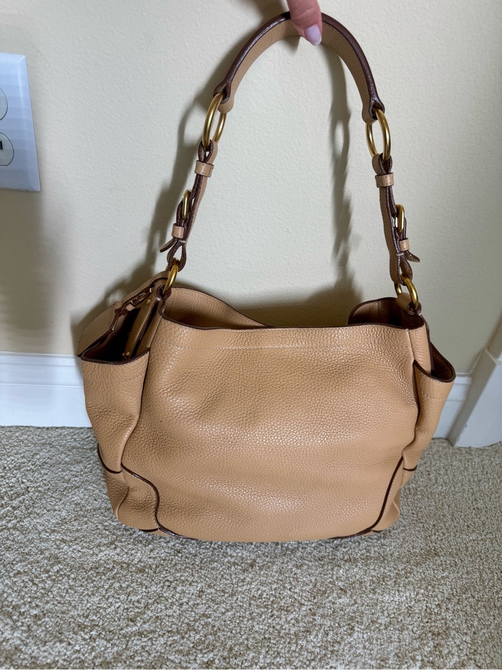 PRADA Vitello Daino Leather Side Pocket Hobo Shoulder Bag - Beige/Camel Gold - Picture 2 of 10